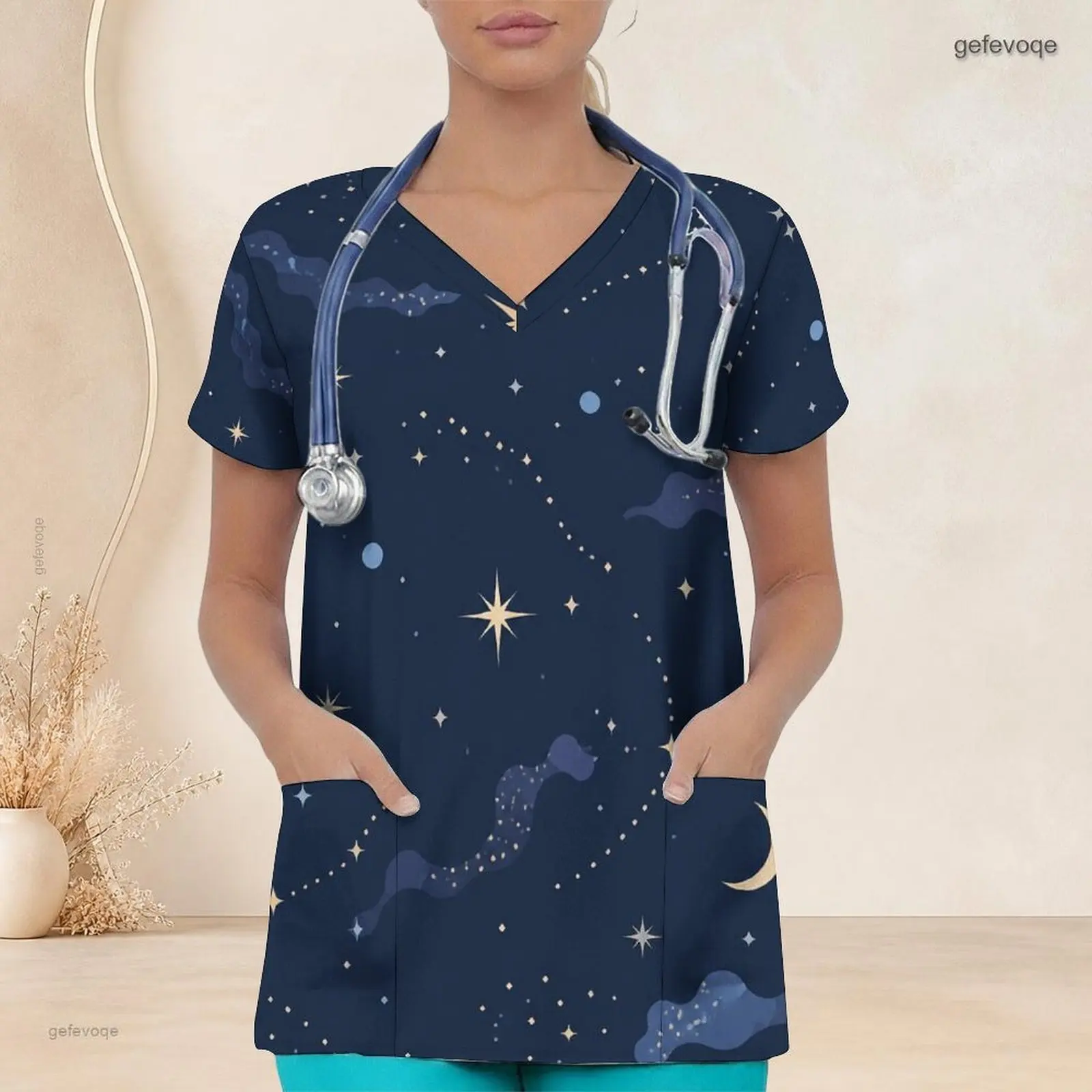Women Abstract Heart Printed V Neck Short Sleeve Scrub Top with Front Pockets