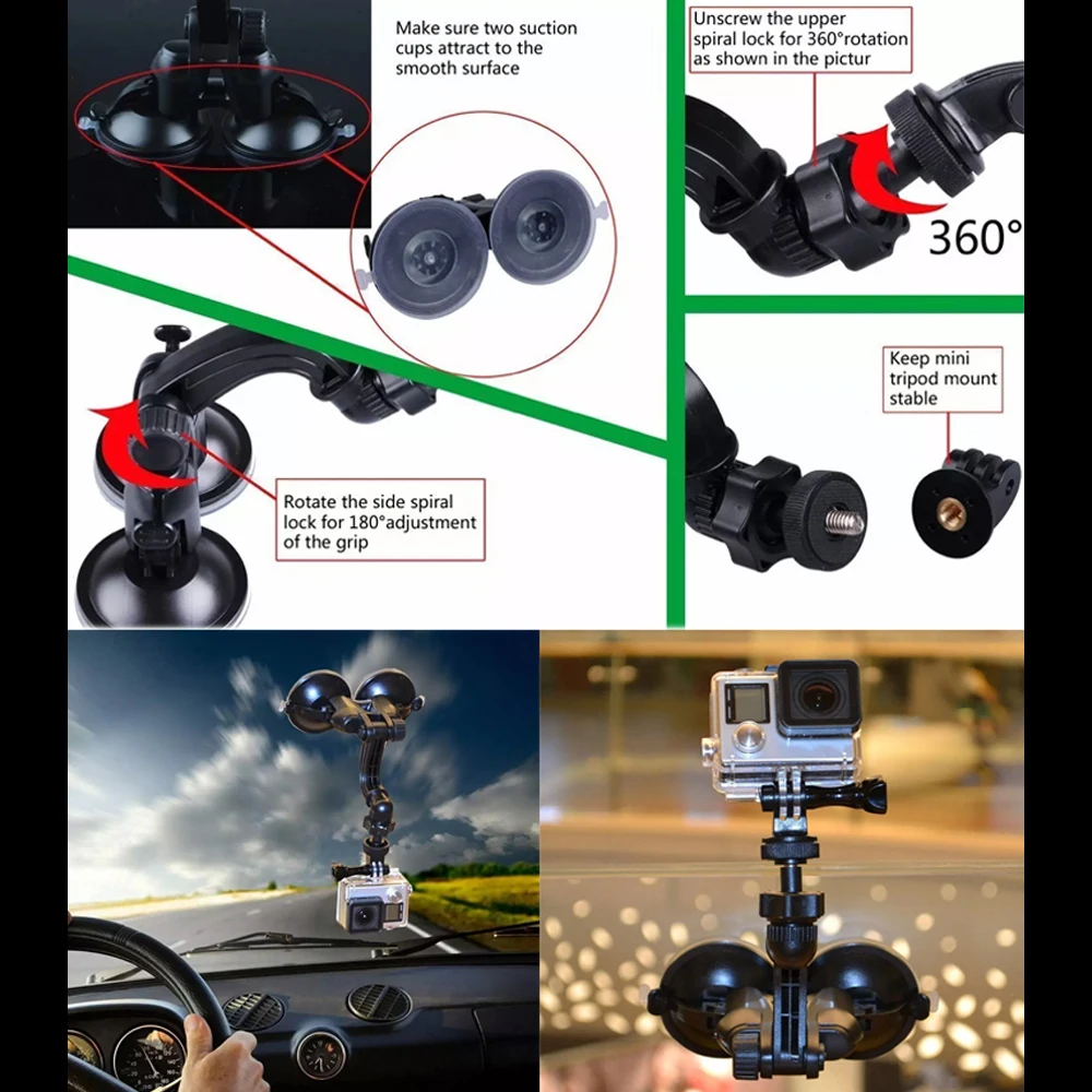 For GoPro Car Suction Cup Mount Double Suction Cup 1/4\