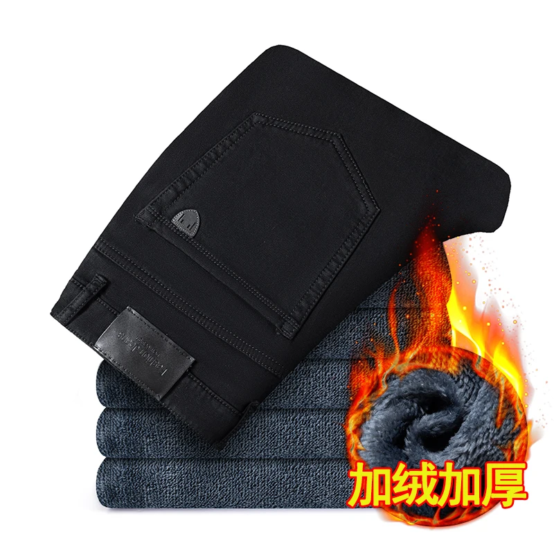 

Winter Men's Fleece Black Jeans Business Casual Thicken Warm Regular Fit Stretch Denim Straight Trousers Male Brand