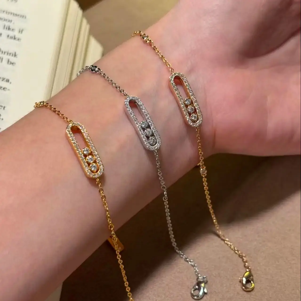 

MXK Luxury French Jewelry Move Three Movable Diamonds Women's 925 silver Moissanite Bracelet Valentine's Day Anniversary Gift