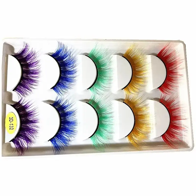 NEW 5 Pairs 3D Colored Faux Mink Eyelash Red Yellow Green Purple Colorful Fluffy High Volume Makeup Beauty Rainbow Lashes