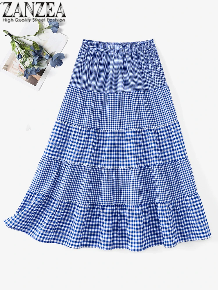 ZANZEA 2025 Vintage otoño sobrefalda mujer dibujo de cuadros Jupe Casual suelta cintura elástica Falda larga moda Faldas de gran tamaño