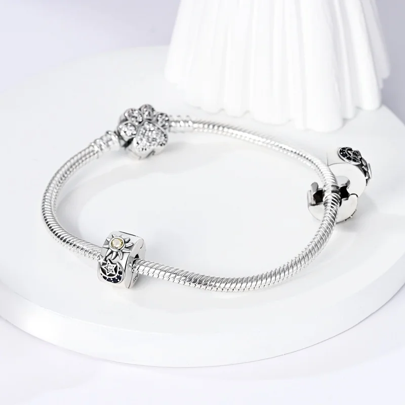 Genuine S925 Silver Colorful Stopper Clip Star Bowknot Beads Spring Fit Pan Original Bracelet Fine Jewelry Gift Women Diy