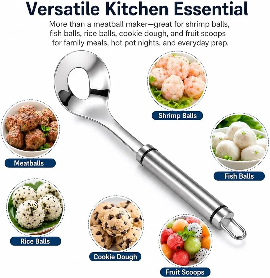 1 Pc Stainless Steel Meatball Maker Spoon, Practical Kitchen Gadget, Easy‑Squeeze Non‑Stick Meatball Making Tool