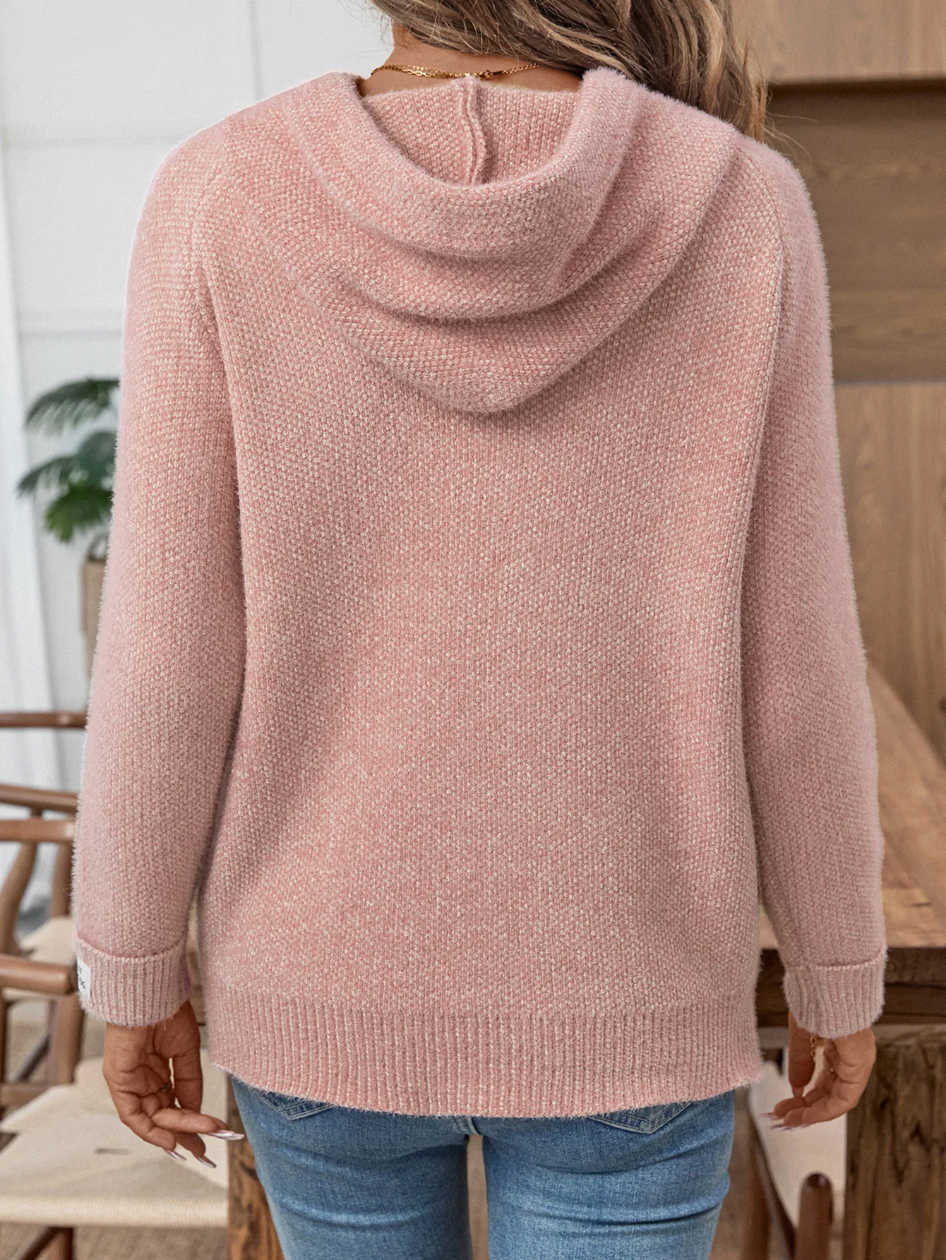 Women Hooded Knit Sweater Drawstring Raglan Long Sleeve Pullover Label Decor Casual Soft Knit Hoodie