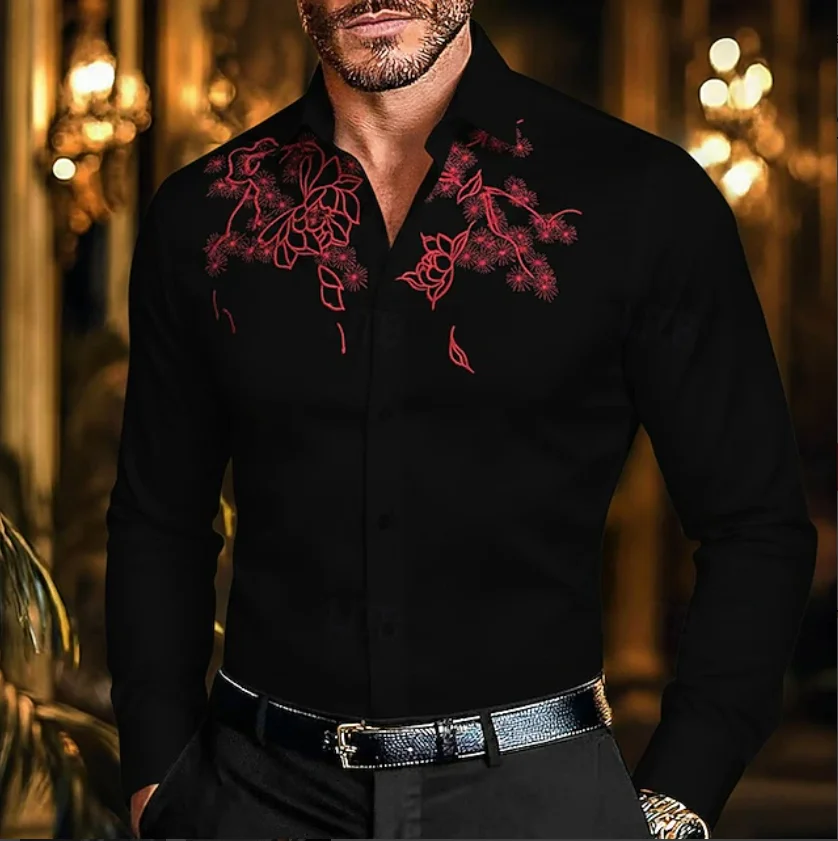 

Винтажная одежда, дизайнерская мужская рубашка с цветочным принтом, осенняя роскошная социальная мужская рубашка в викторианском стиле с длинными рукавами в западном стиле
