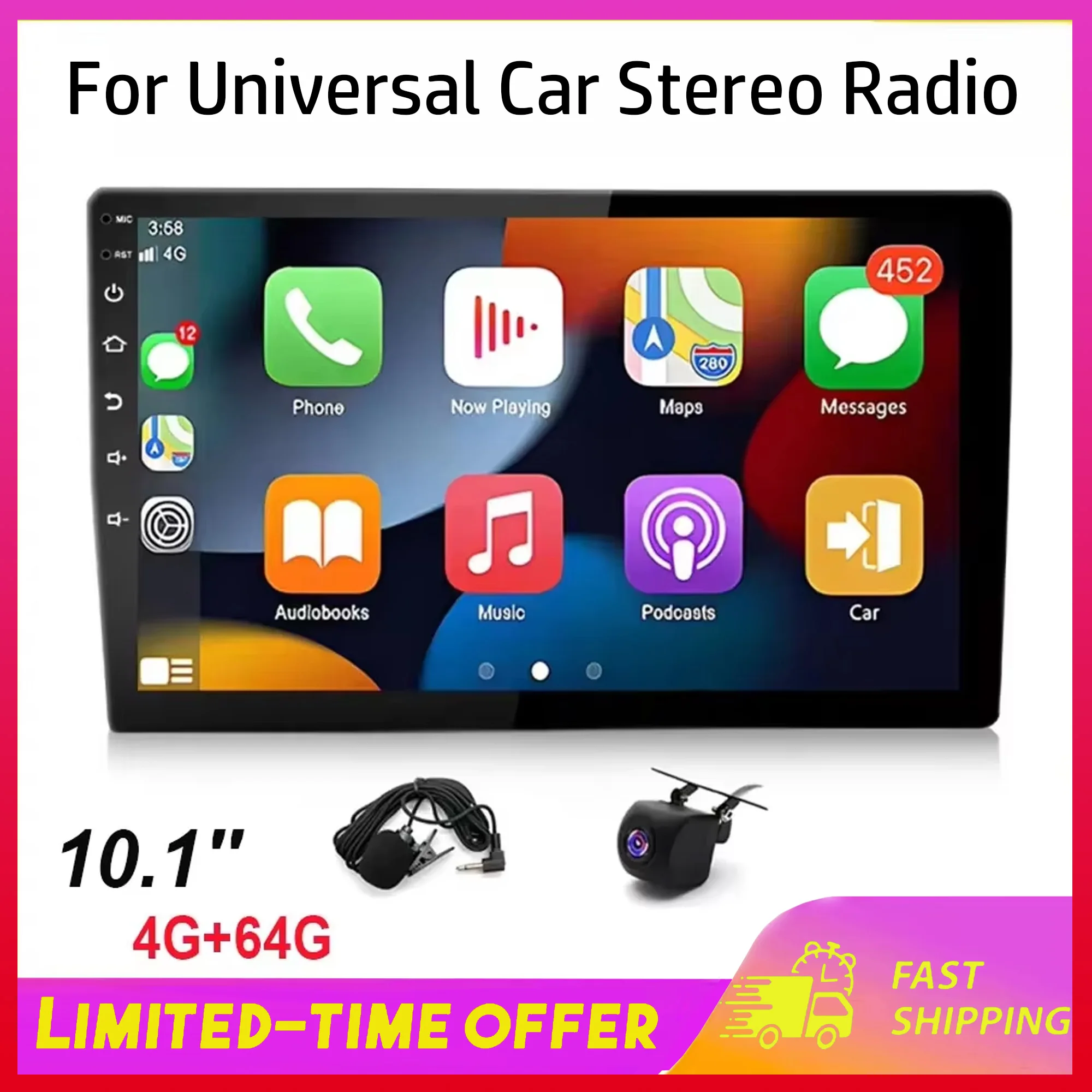 

For Universal 10.1-in Android 13 Car Navigation System with Built-in CarPlay + Android Auto / 4G + 64G / AHD Camera / Microphone