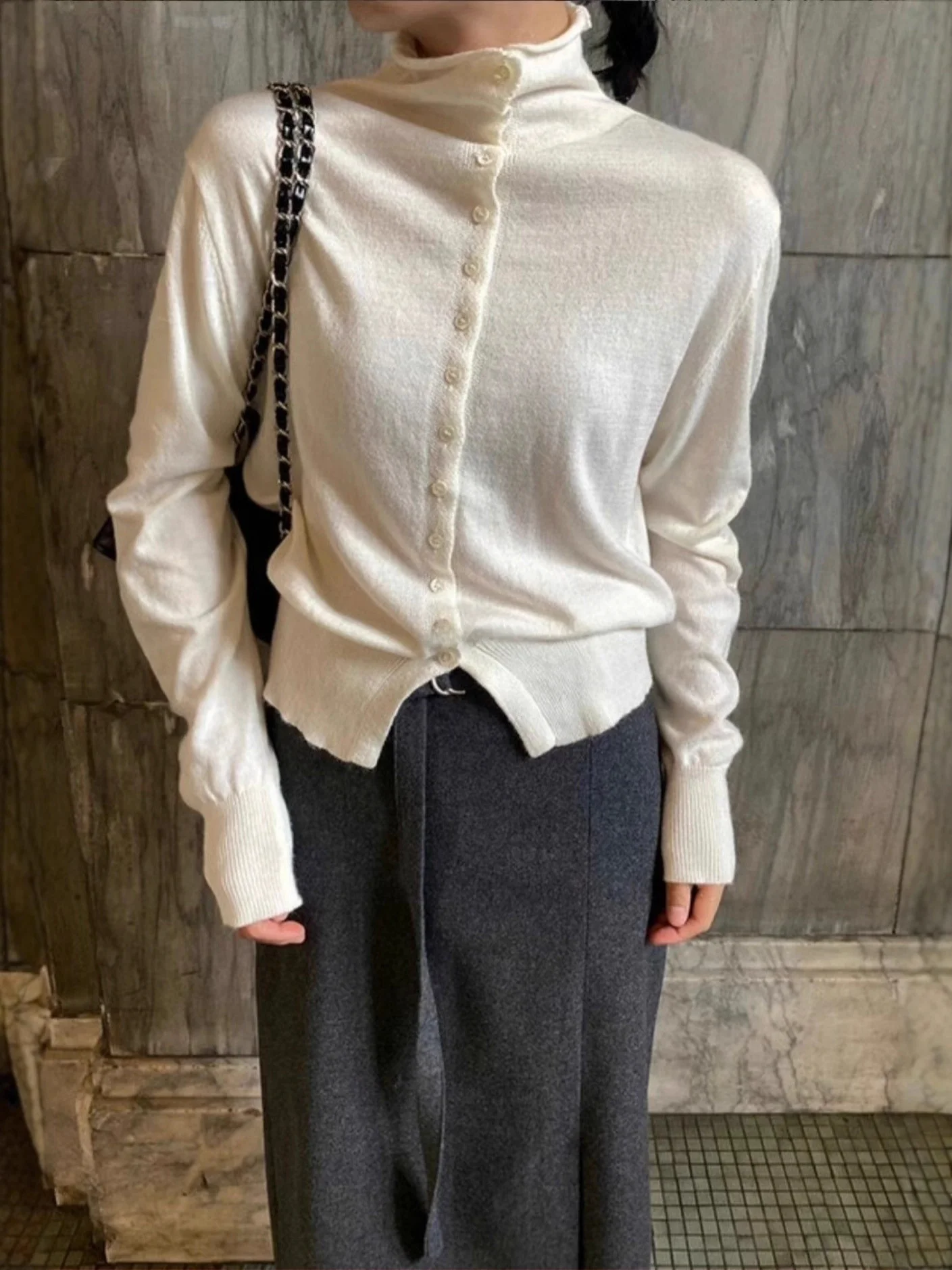 

Soft Knitted Long Sve Baby Rib Collar Women's Slim Fit Cardigan Gentle Sle East Gate Faion Casual Wool Blend Top