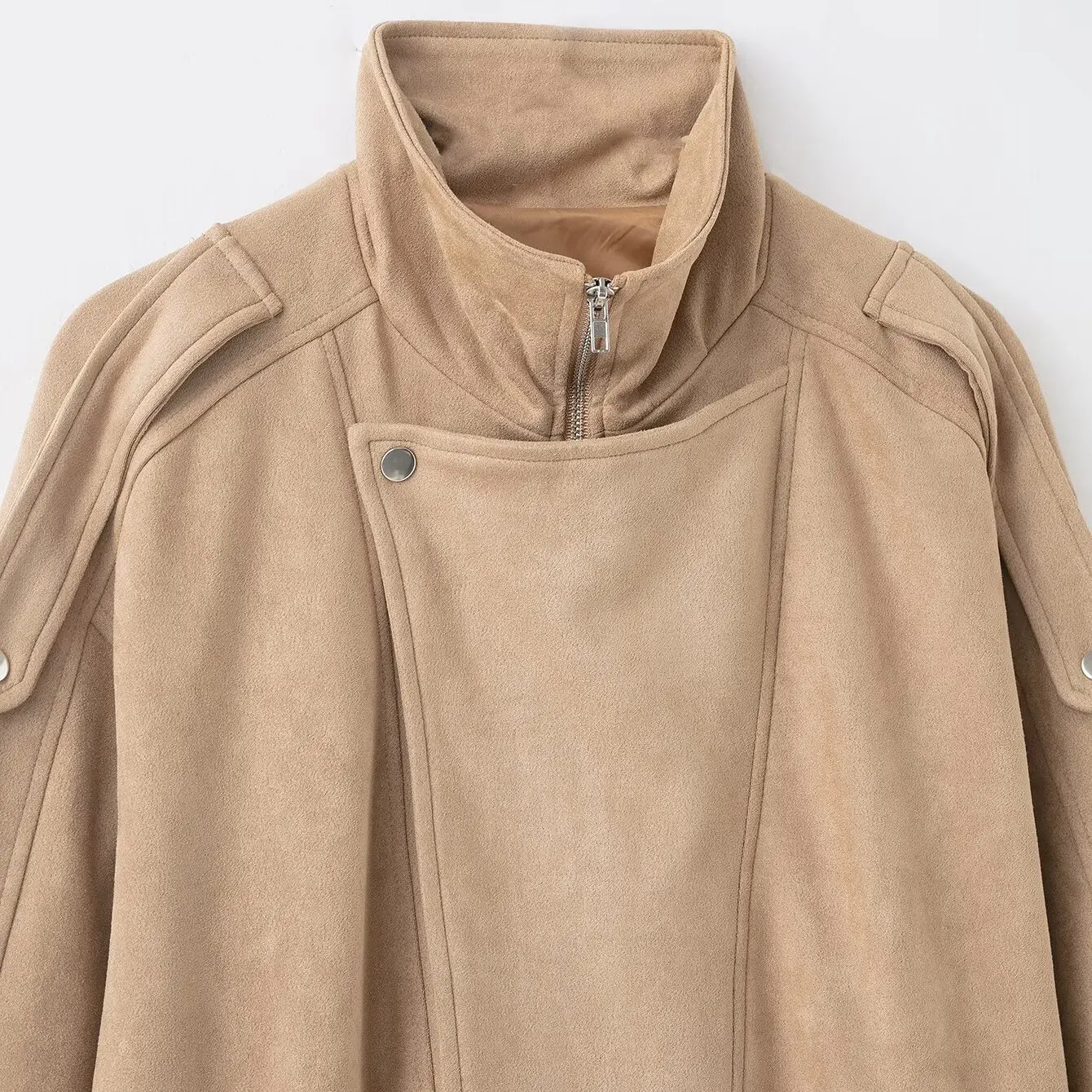 Faionable Suède Rits Jaet Dames Herfst Winter Nieuwe Collectie Bovenkleding Polyester Vezel Lange Sve Opstaande Kraag Jas