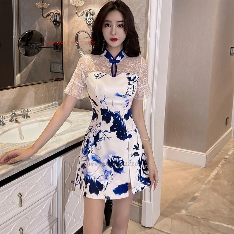 

2024 chinese nightclub dress banquet qipao national flower print lace cheongsam dress+shorts set oriental hotel spa work dress