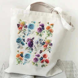 Shoulder Bag Wildflowers Canvas Tote Bag Women Daisy Rose Lavender Shopping Bag Student Plant Style Female Reusable Handbags