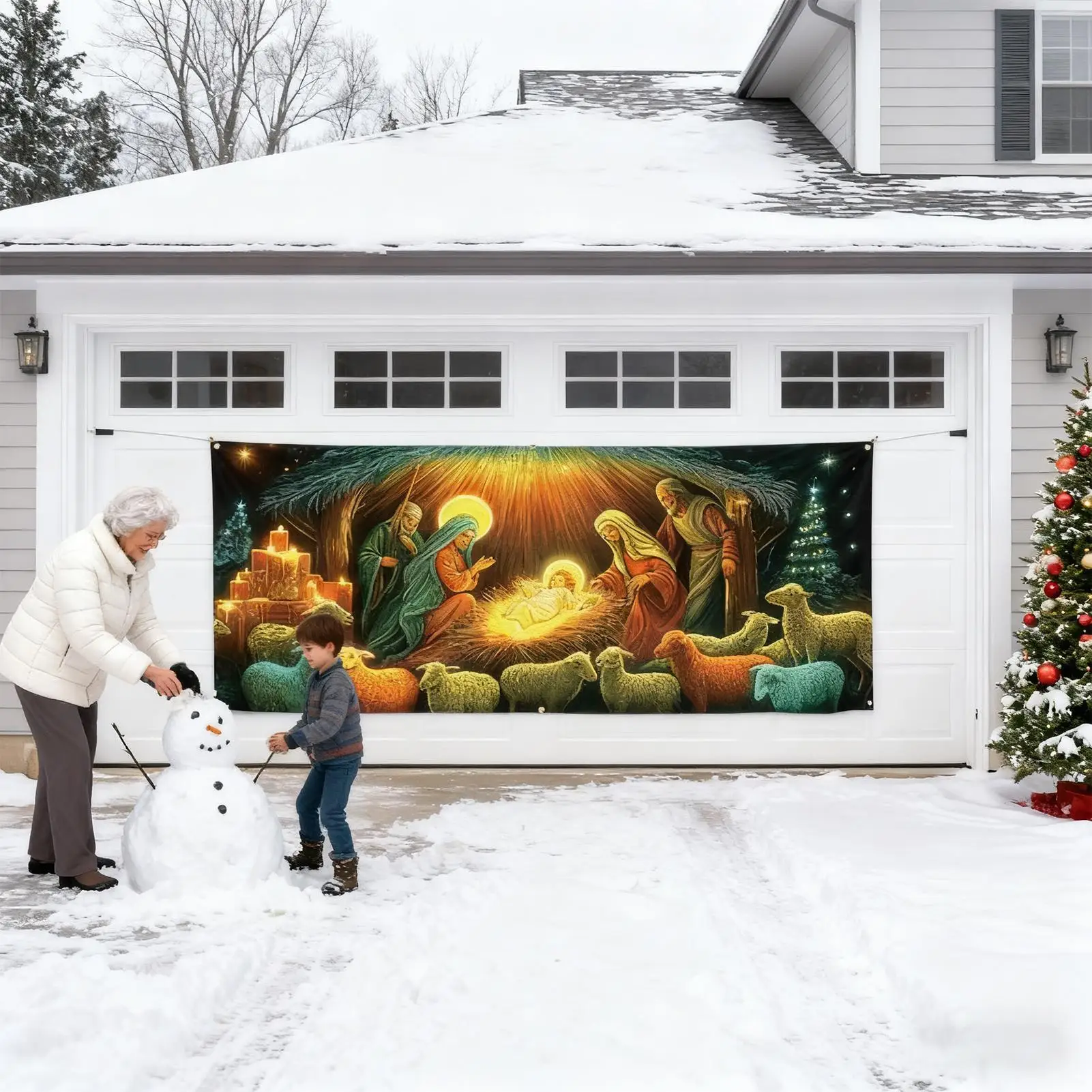 Christmas Door Cover Religious Fluorescent Front Door Jesus Scene Backdrop Hanger Background Banner Porch Sign For Indoor