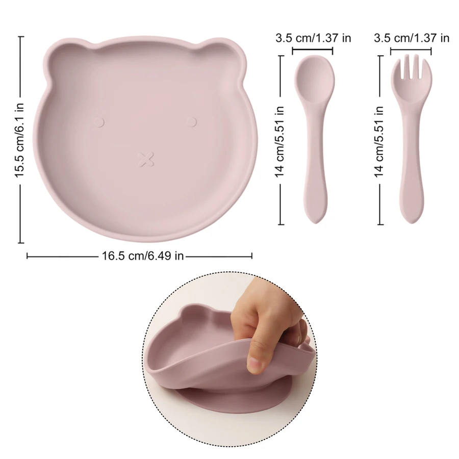 3Pcs Children\'s Tableware For Babies Feeding Dishes Plates For Food BPA Free Dishes Spoon Silicone Cookware Baby Accessories