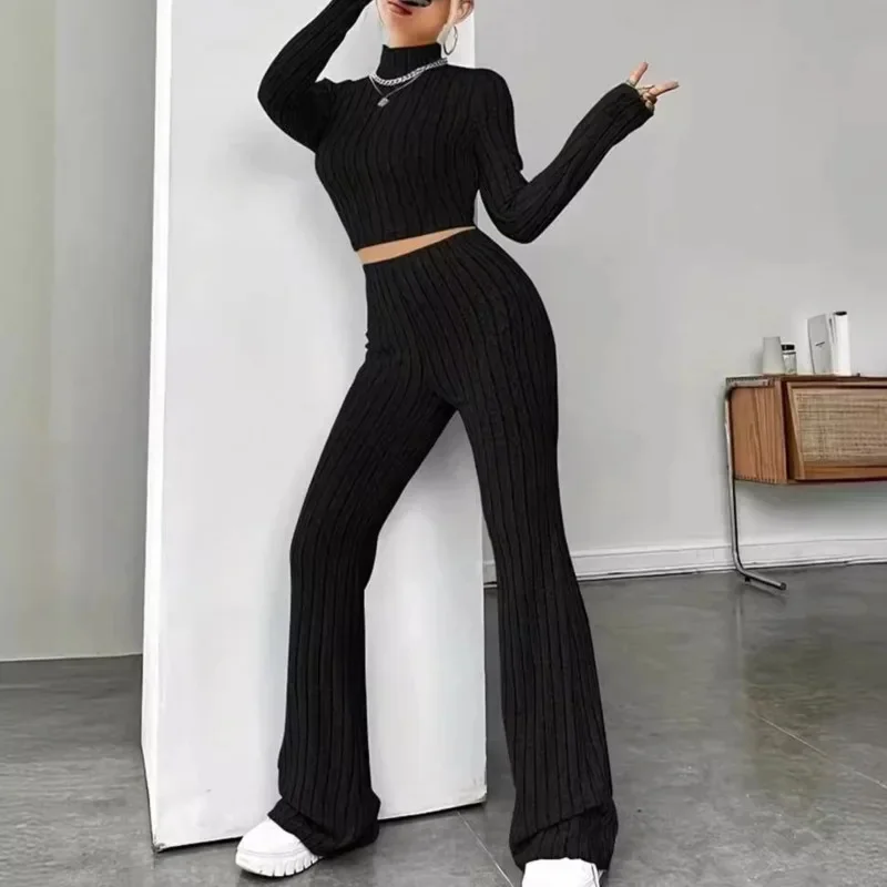 Elegent Knit Pullover Trouser 2 Pcs Set Women Slim Half High Collar Full Sleeve Top Solid Pant Suit 2025 New Lady Sport Outfits
