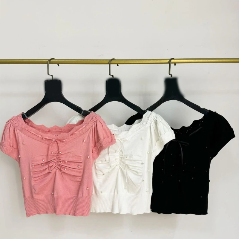 ผู้หญิงพัฟแขนสั้น Bowknot ด้านหน้าเสื้อกันหนาว Crop TOP สีทึบ Ruched เสื้อถักไข่มุกประดับด้วยลูกปัด Skinny เสื้อยืด 066C