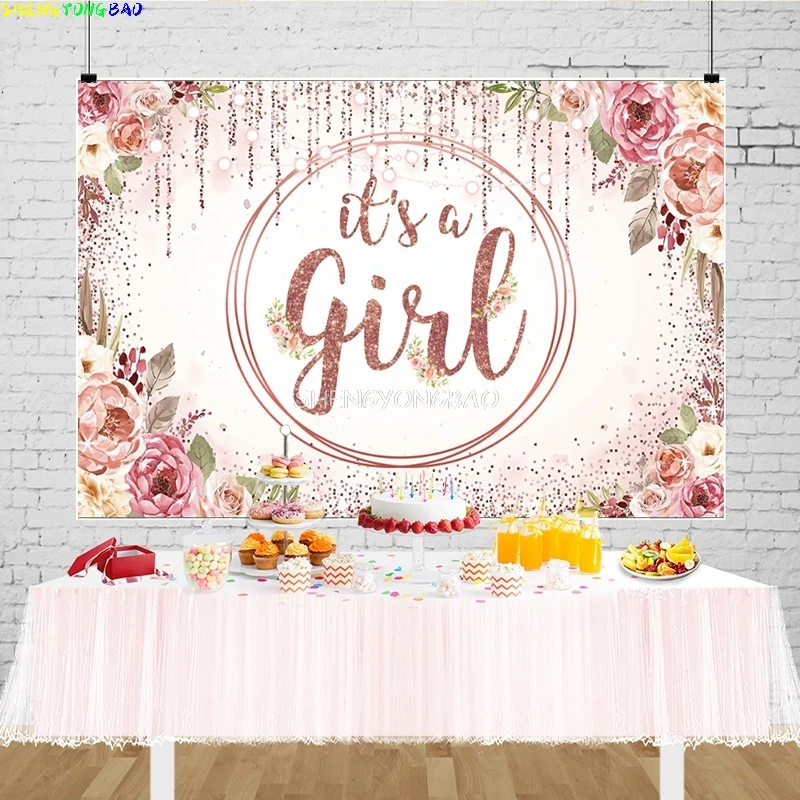 

Its a Girl Baby Shower Photography Backdrops Pink Flowers Gender Reveal Rose Gold Glitter Photo Background Props RL-01
