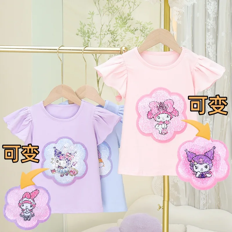 Sanrio เสื้อยืดแขนสั้นผ้าฝ้าย, น่ารักลำลองแฟชั่นอเนกประสงค์ลายการ์ตูนของขวัญสำหรับเด็กผู้หญิงเหมาะกับฤดูร้อน