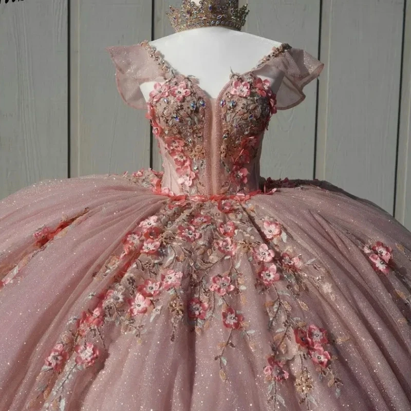 Quincenara-vestido De fiesta con cuentas De cristal, vestido De fiesta con hombros descubiertos, apliques De flores 3D, dulce, 15 Años, ilusión rosa