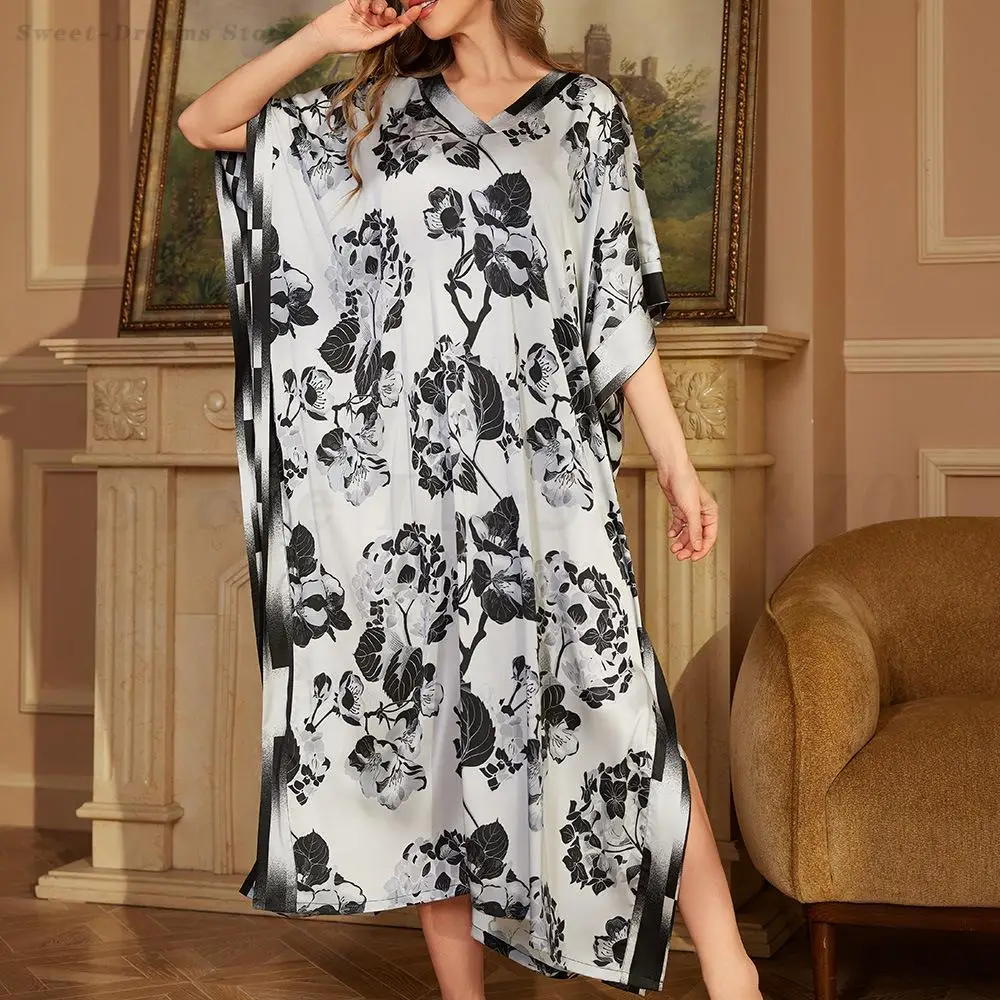 Women's Loose Casual Nightgown Satin Printed Muslim Robe Sleepwear Oversized Home Dress Sexy V-Neck Slit Nightdress Lounge Wear