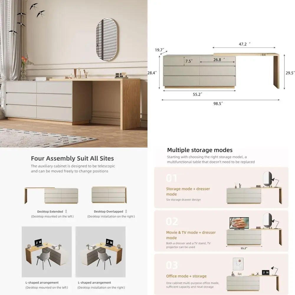 Expandable L-Shaped Desk with 6 Drawers for Home Office, Adjustable Computer Table, Ideal for Study, Writing, Gaming, and More