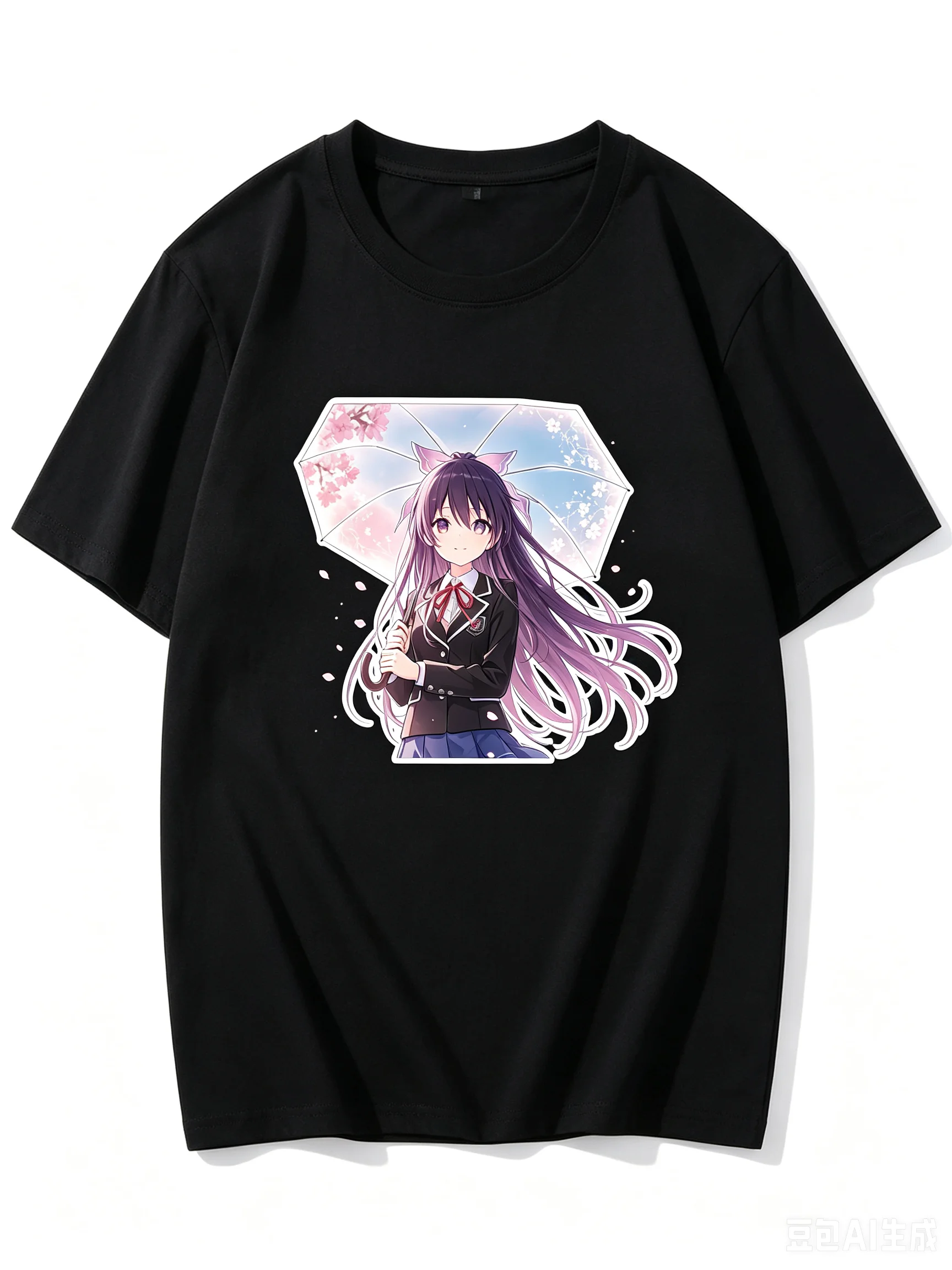 2026 New Unisex Crew Neck Casual Short Sleeve T-Shirt With Cherry Blossom Umbrella Yatogami Tohka Cutout Anime Print T-Shirt