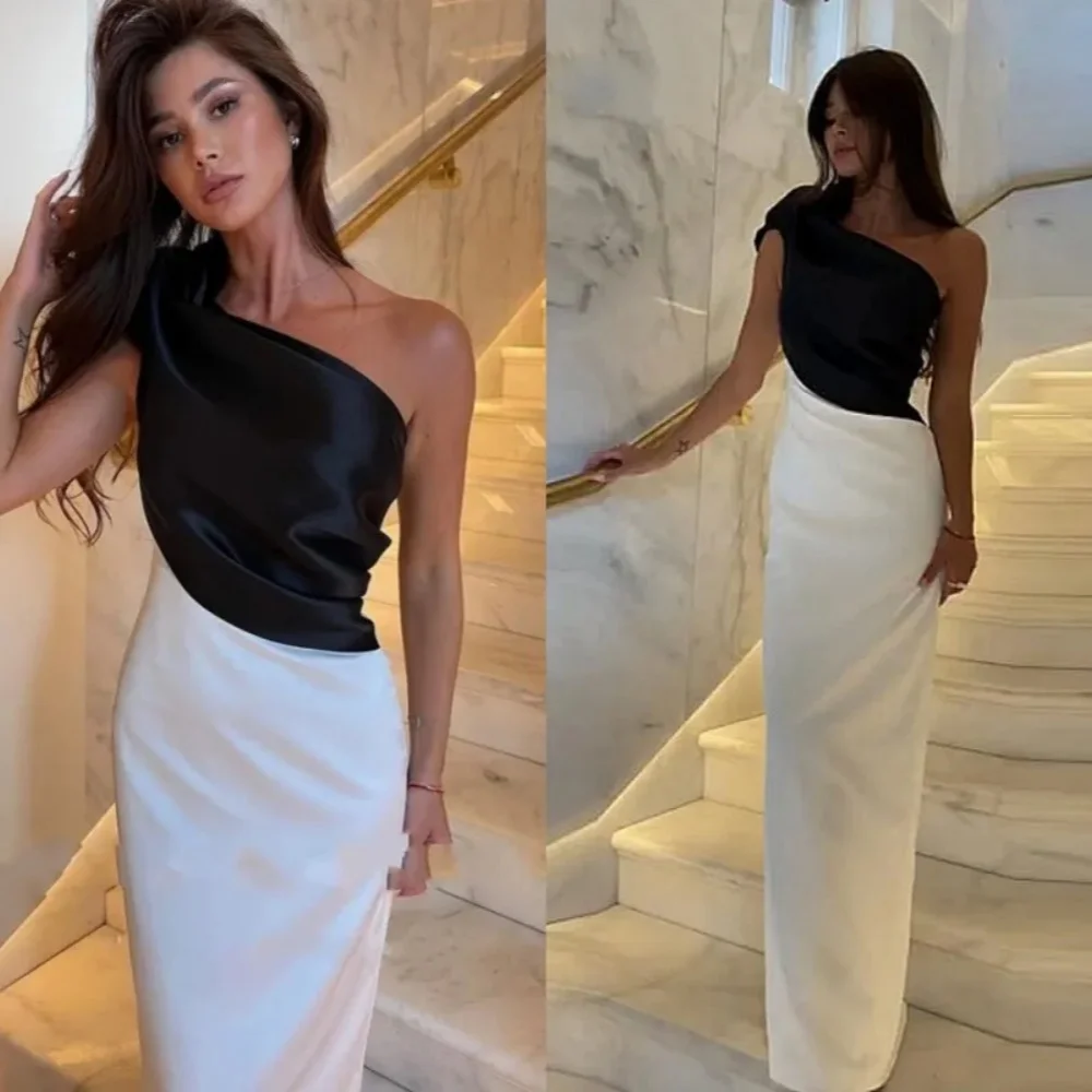 

2024 Sexy Evening Dress Satin One Shoulder White and Black Spliced ​​Satin Long Gown Women's Classic Prom Dress Celebrity Evenin