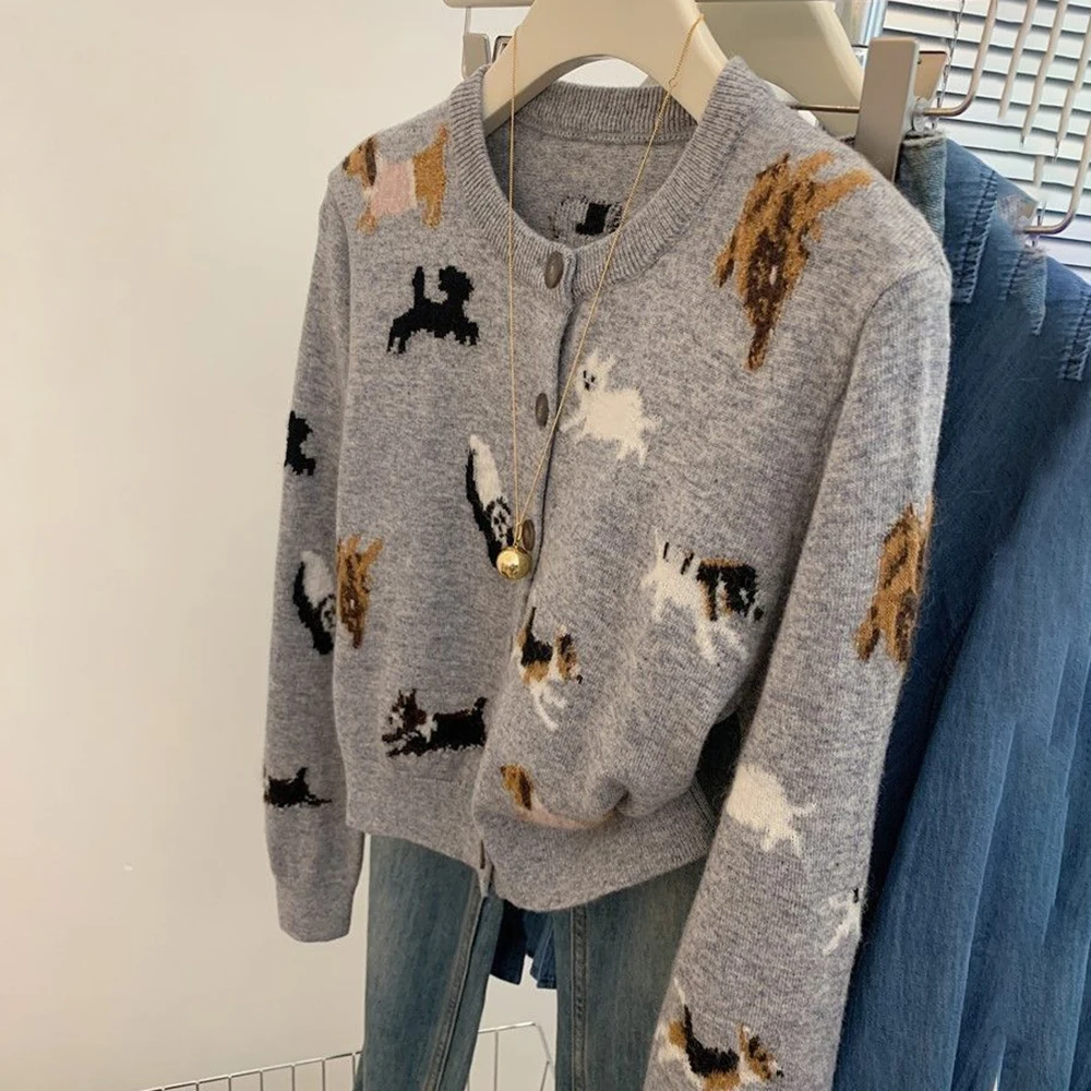 

Wangcai puppy cardigan women's gray unique temperament knitted sweater jacket women's long-sleeved outer top lazy style