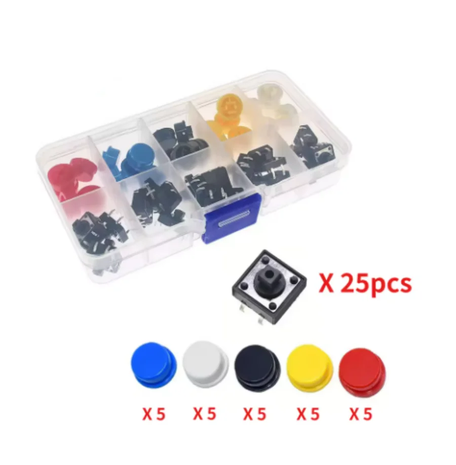25 Zestawów Przycisków Tactile Push Button Switch Momentary 12*12*7.3MM Mikroprzełącznik Guzik Okrągła Nakładka Zestaw (5 Kolorów) dla Przełączników Arduino