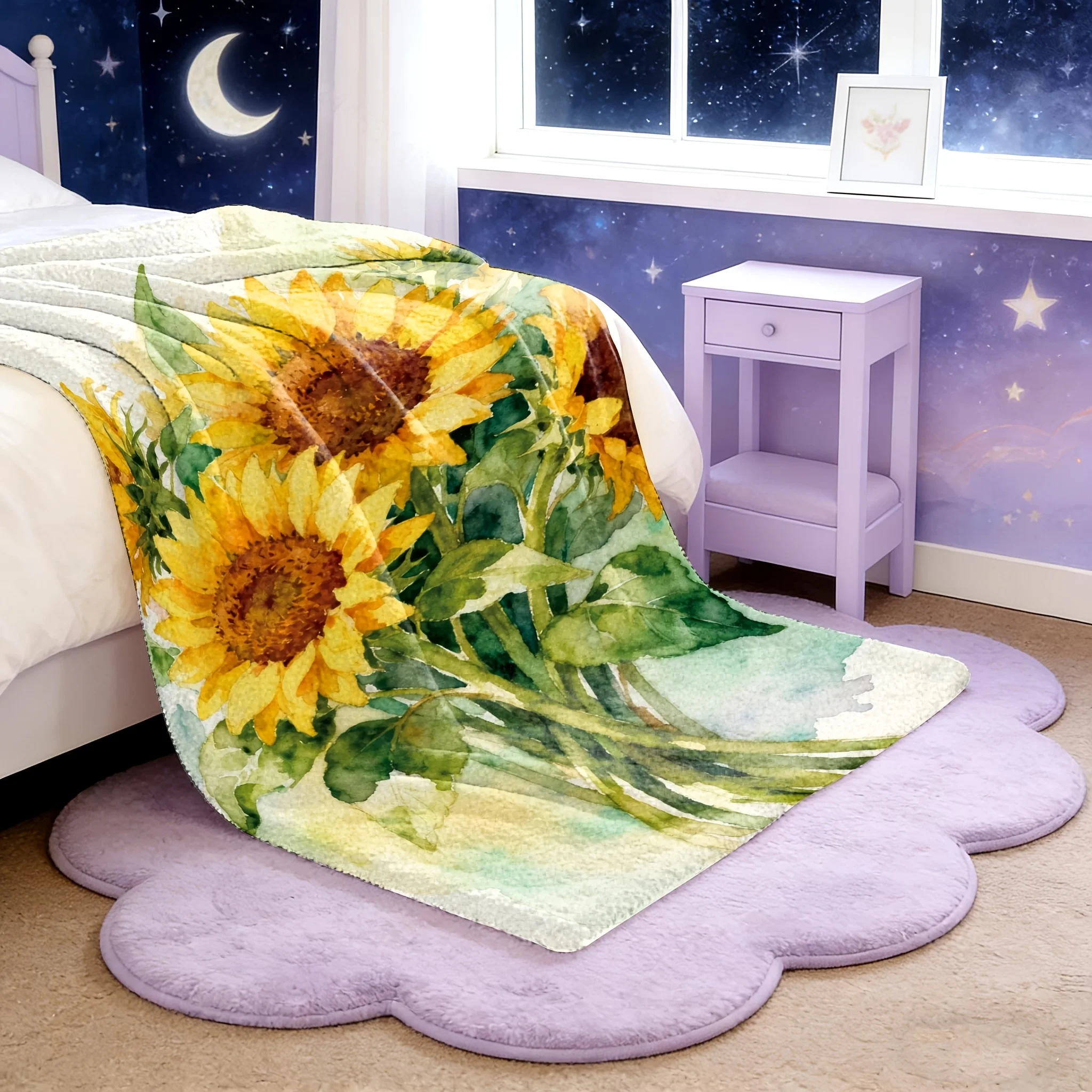 1pc Flannel Blanket, 2D Printed Throw with Sunflower And Plant Design in Yellow And White, Ideal for Camping, Birthday Or Holida