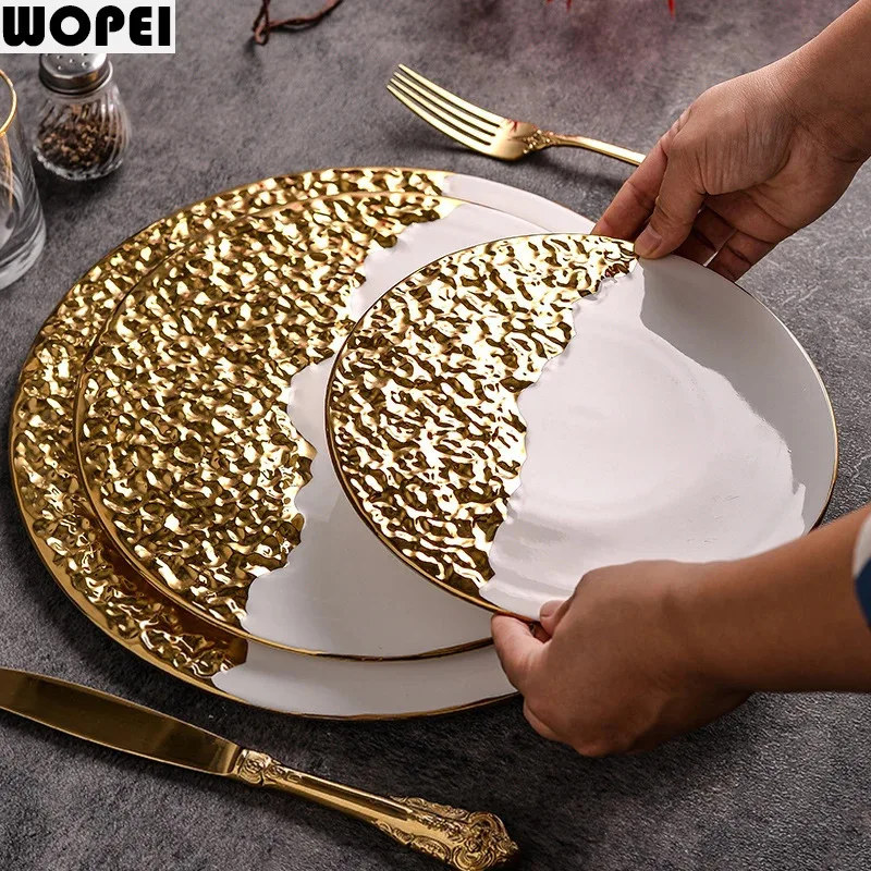 Half Stone Patterned Flat Plate Electroplated Ceramic Tableware Steak Plate Breakfast Plate Sushi Plates Dessert Snack Plates