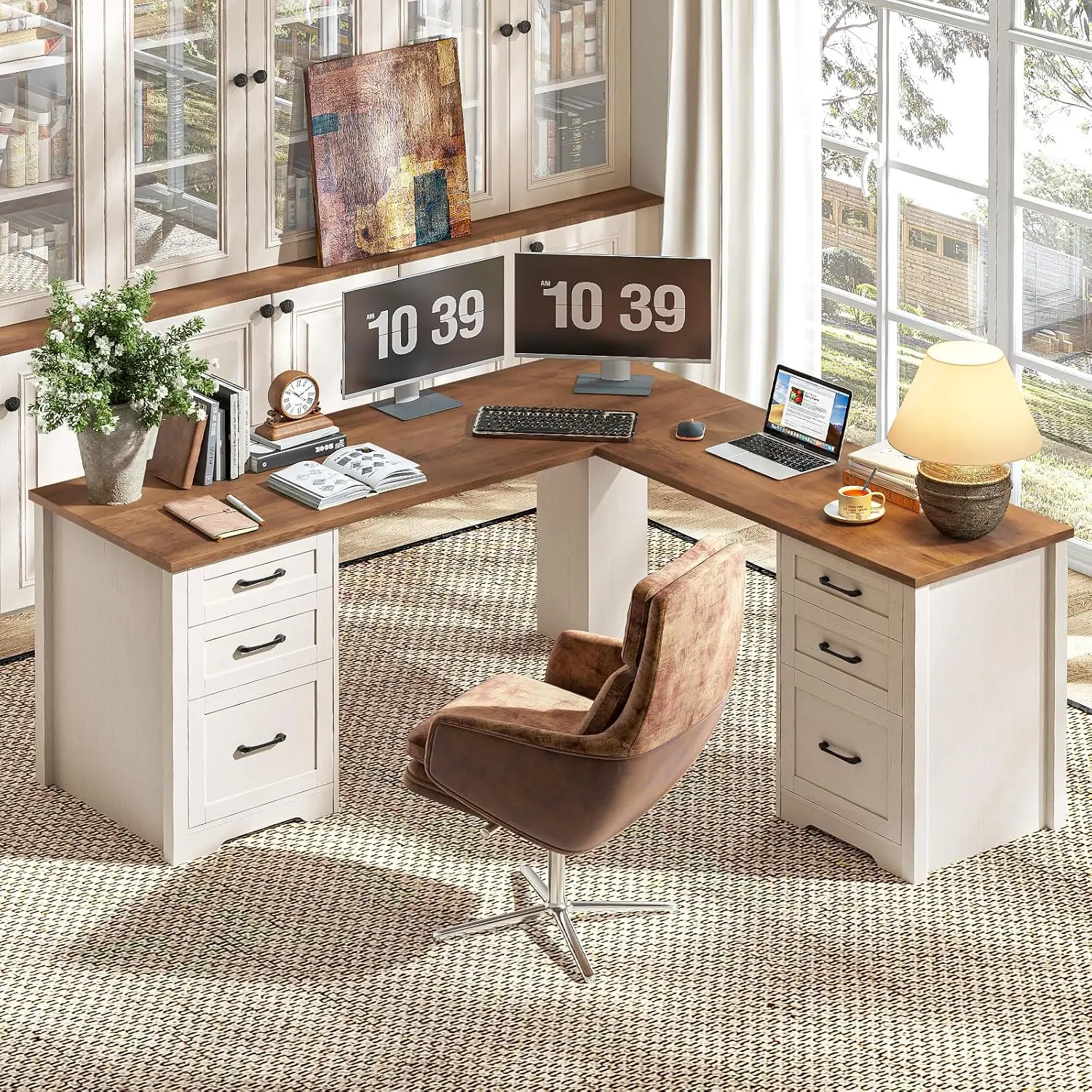 59 L Shaped Executive Desk White Wood Corner Computer Desk 6 Drawers 2 File 4 Storage Farmhouse Home Office Writing Workstation