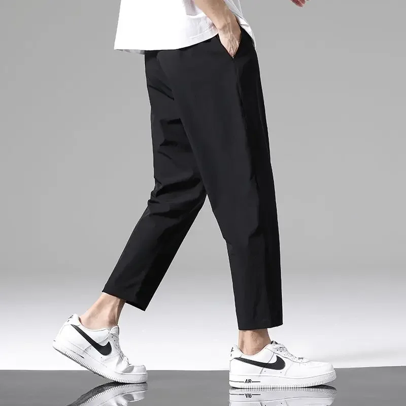 Summer Ice Silk Men's Pants Breathable Loose Straight Style Fashion Brand 2024 New Sports Nine Point Men's Casual Long Pants