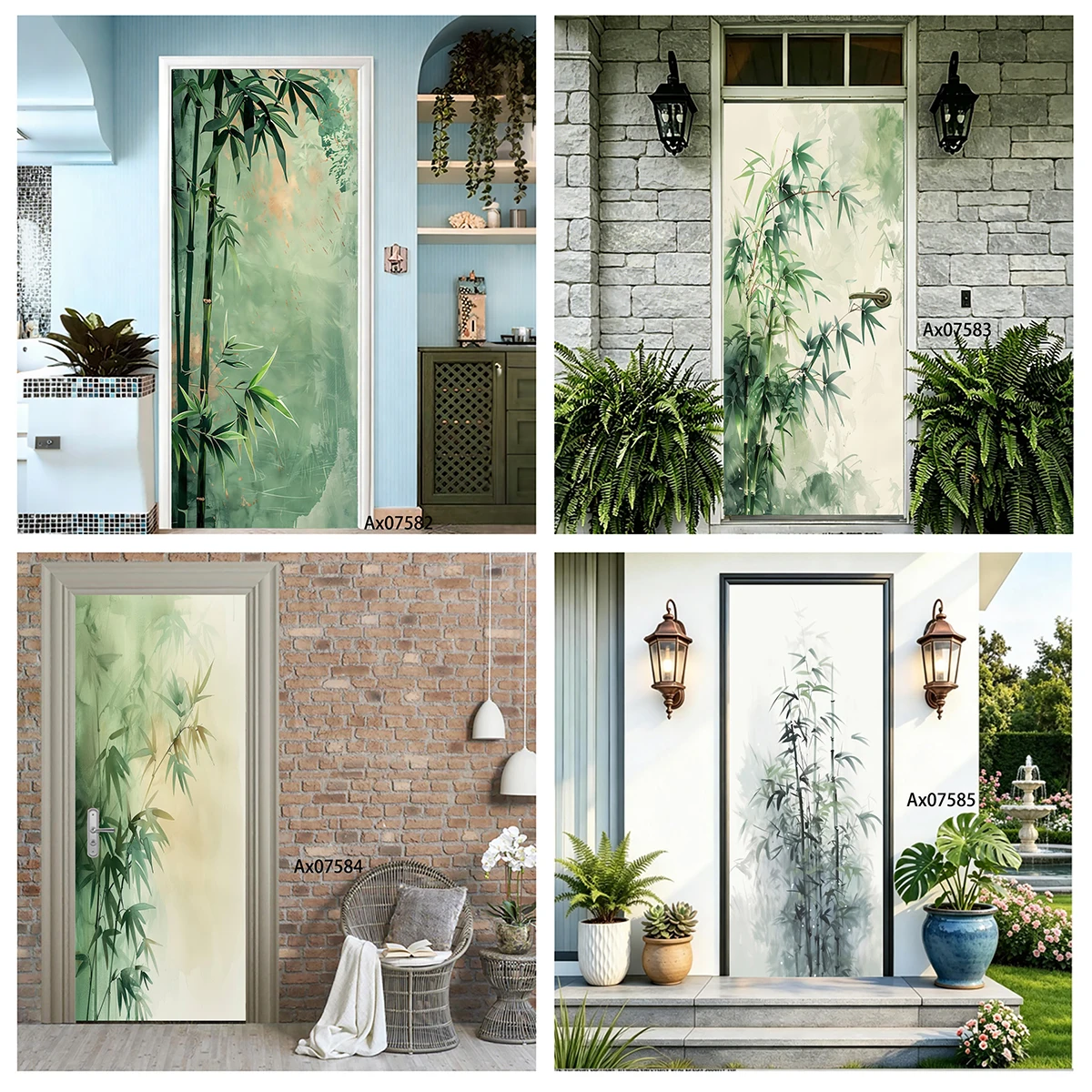 Door Decal Waterproof Removable Retro Background Ink Bamboo Oriental Decorative Sticker Home Entry Door Decor Self Adhesive
