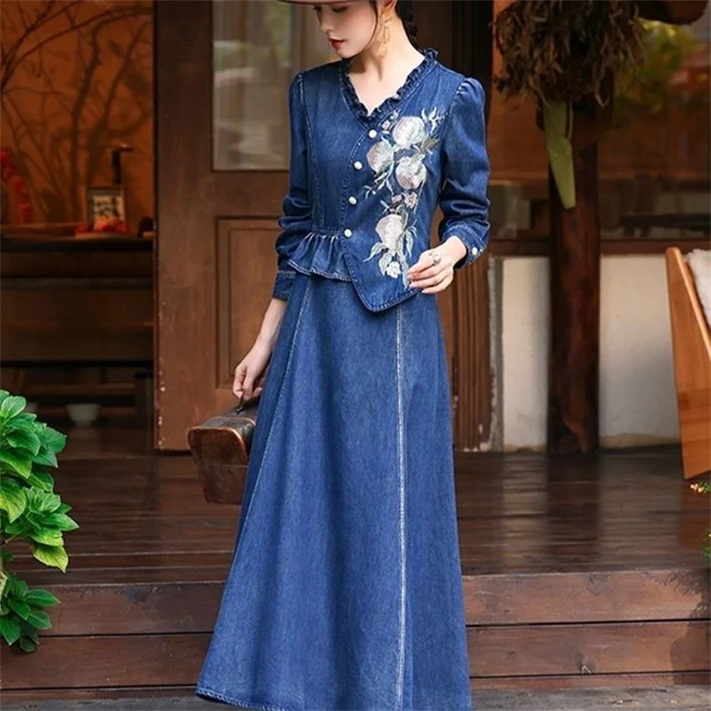 2023 Summer Female New Qipao Improved Edition Standing Neck Denim Dress Women High end Exquisite High end Sleeveless Long Dress