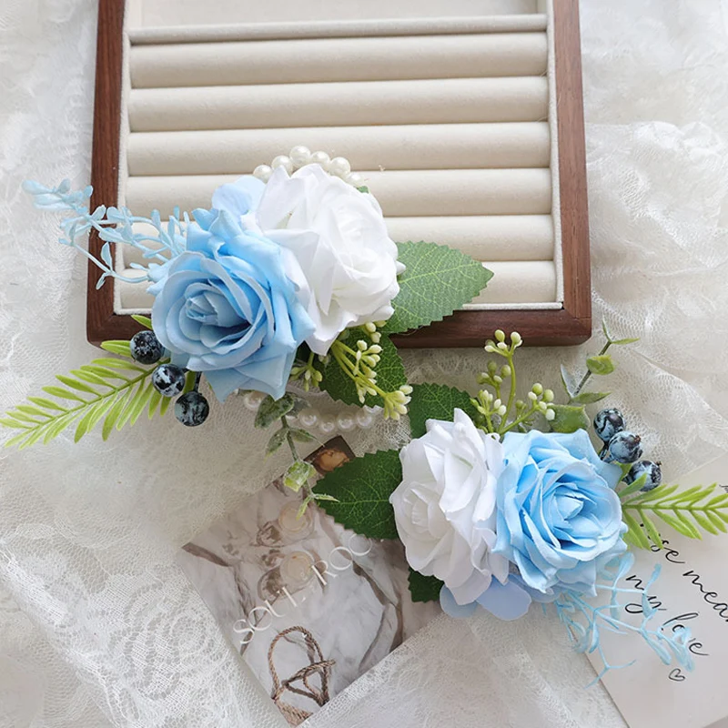 25037 Set Korsase & Gelang Bunga Mawar Bohemian Biru - Sempurna untuk Dekorasi Pengantin, Pengiring Pria, dan Pernikahan