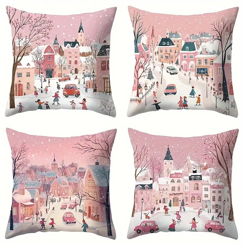 

4 шт., набор наволочек с рисунком снежного города, удобные полиэстеровые наволочки на молнии, можно стирать в машине для домашнего дивана
