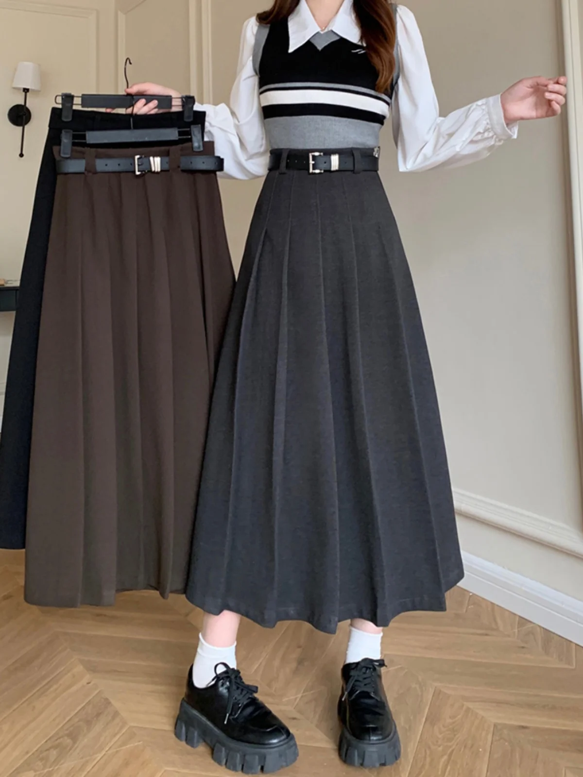 

High Waist plus Size Woolen A-Line Skirt Autumn Winter New Style Vintage Loose Slimming Midi Pleated Skirt for plus Size Women