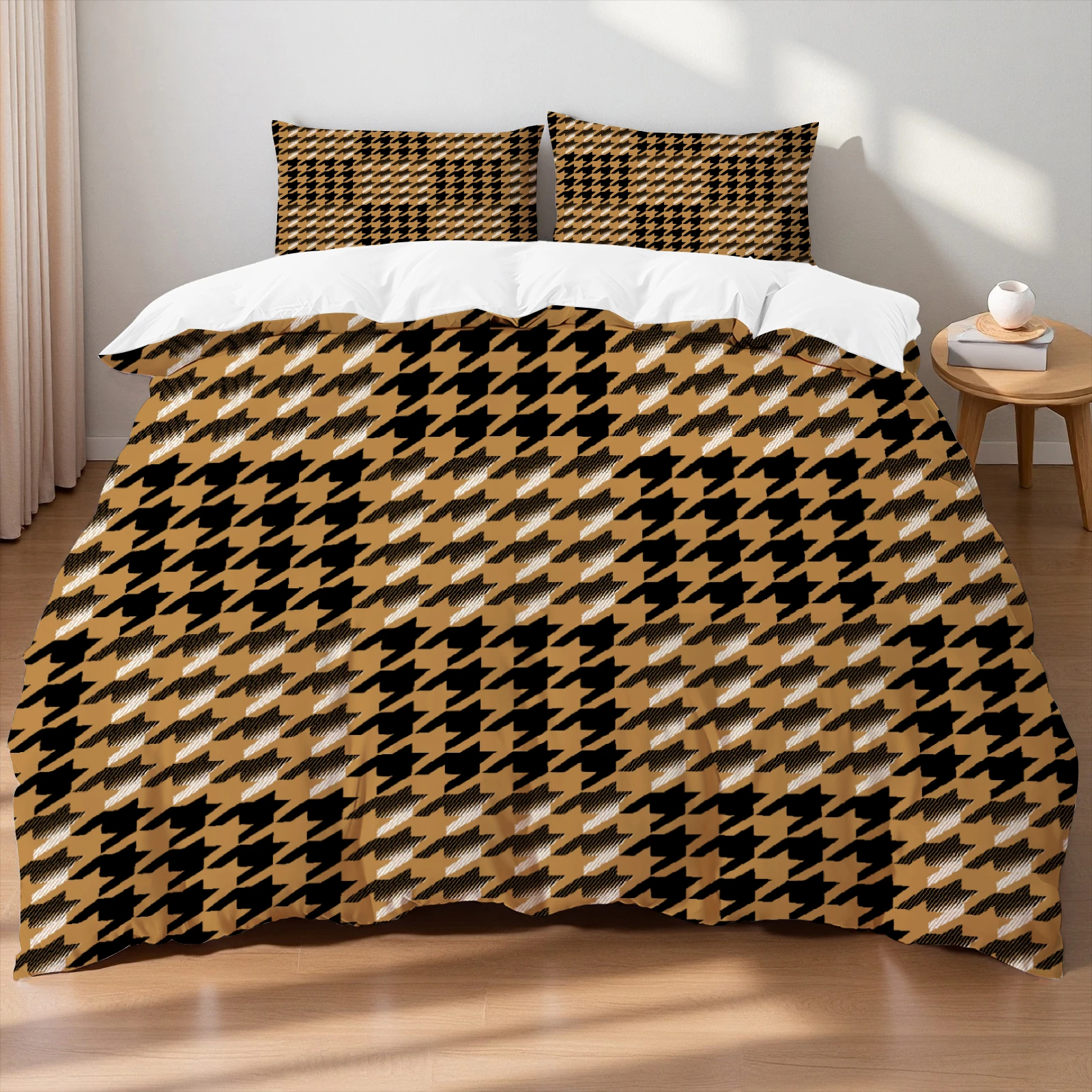 Luxury Brown Black Houndstooth Bedding Set Classic Print Duvet Cover Pillowcase Breathable Wrinkle-Free For Bedroom Decor