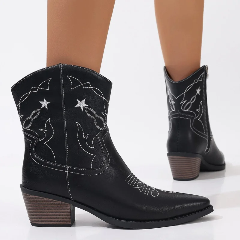 

Plus Size Embroidered Totem Knight Boots for Women Chunky Heel Pointed Toe High Boots Versatile New European and American Style