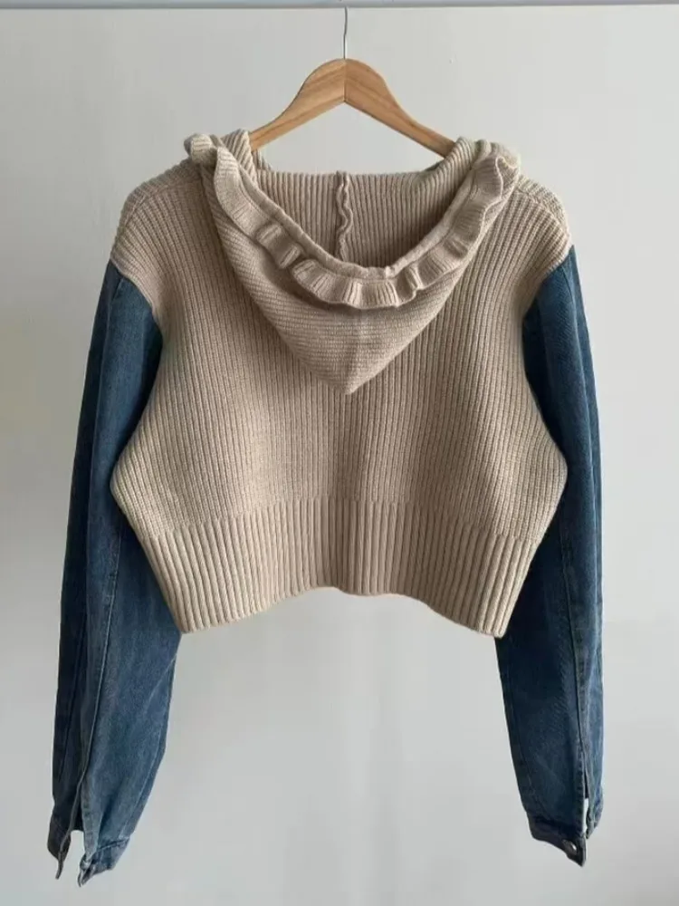 

Retro Design Color Blo Knitted Denim Long Sve Hoodie Women's Sweater Jaet Autumn New Sle Chic f High Collar Zipper