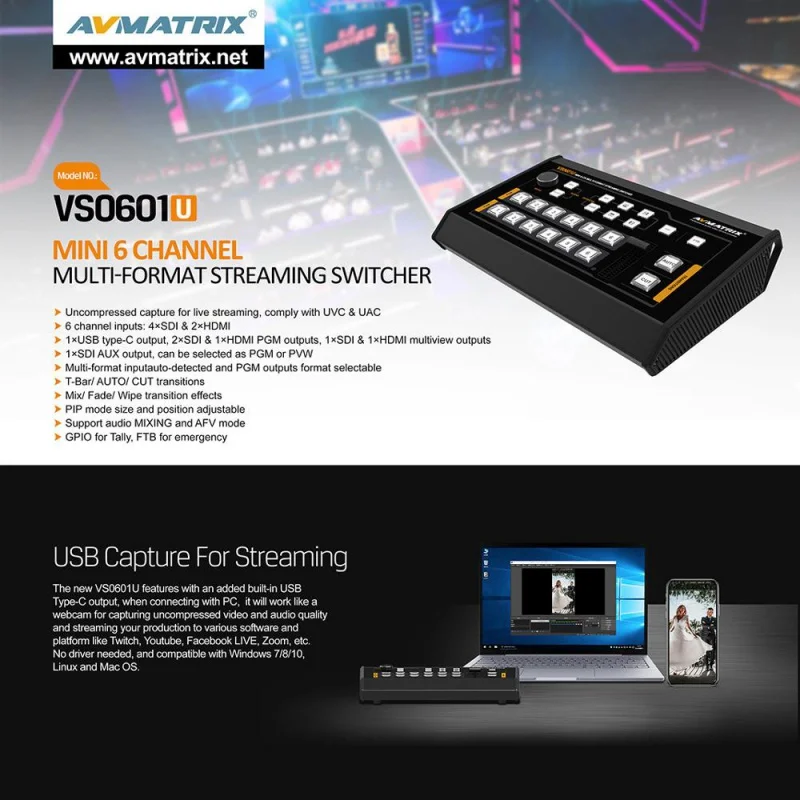 AVMATRIX VS0601U Mini 6CH 4×SDI And 2×HDMI Inputs Multi-Format Streaming Switcher With 1×USB Type-C Output And GPIO Interface