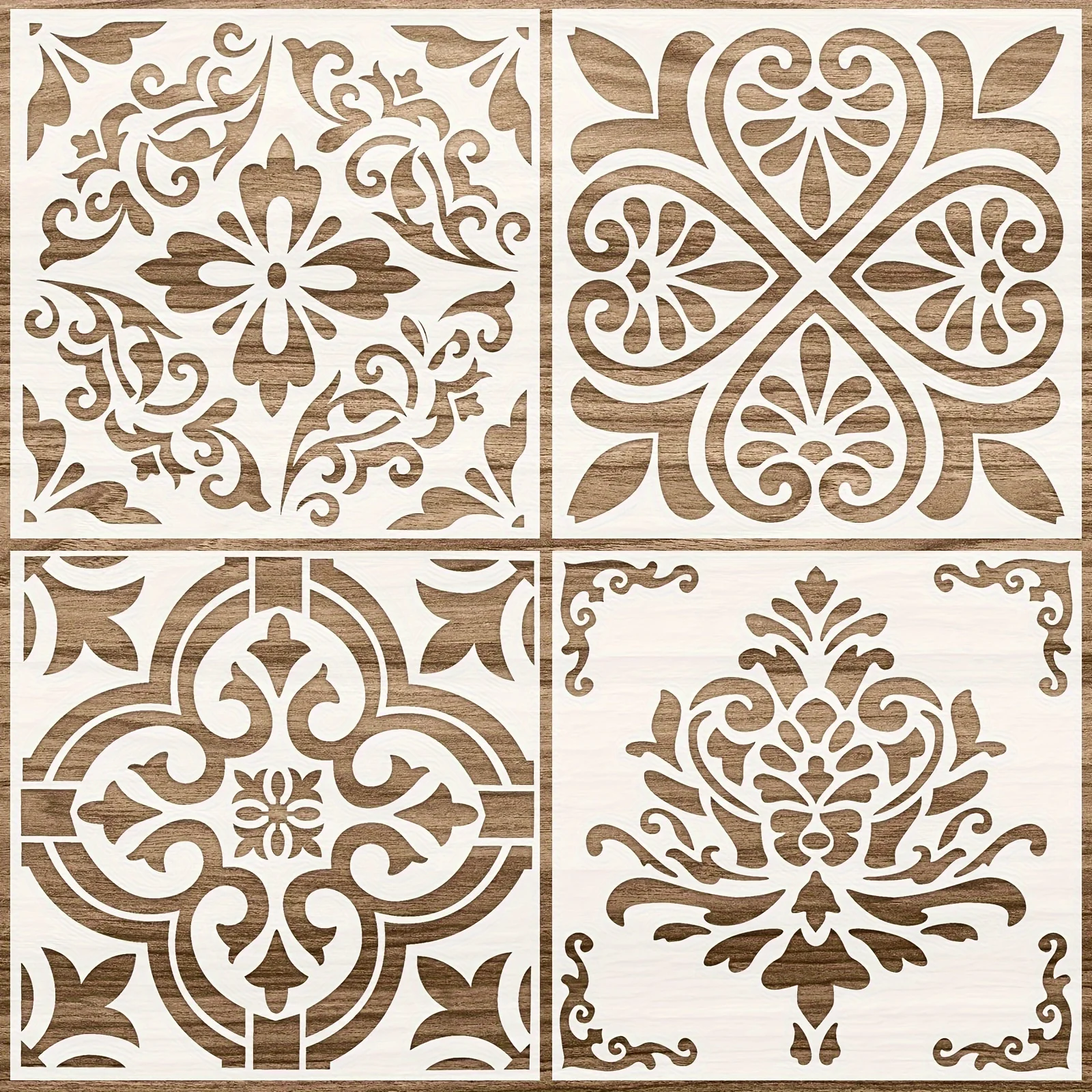 4PCS Square Pattern Stencil Templates 11.8 Inch Geometric Floral Texture Drawing Stencils for DIY Art Journal Scrapbook Craft