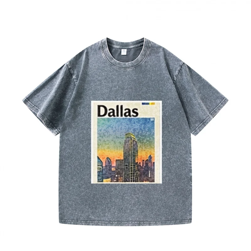 Herren T-Shirt Grau Dallas Cityscape Print Lässige Alltagskleidung Sommermode Top-Qualität Baumwolle T-Shirts für Männer Streetwear