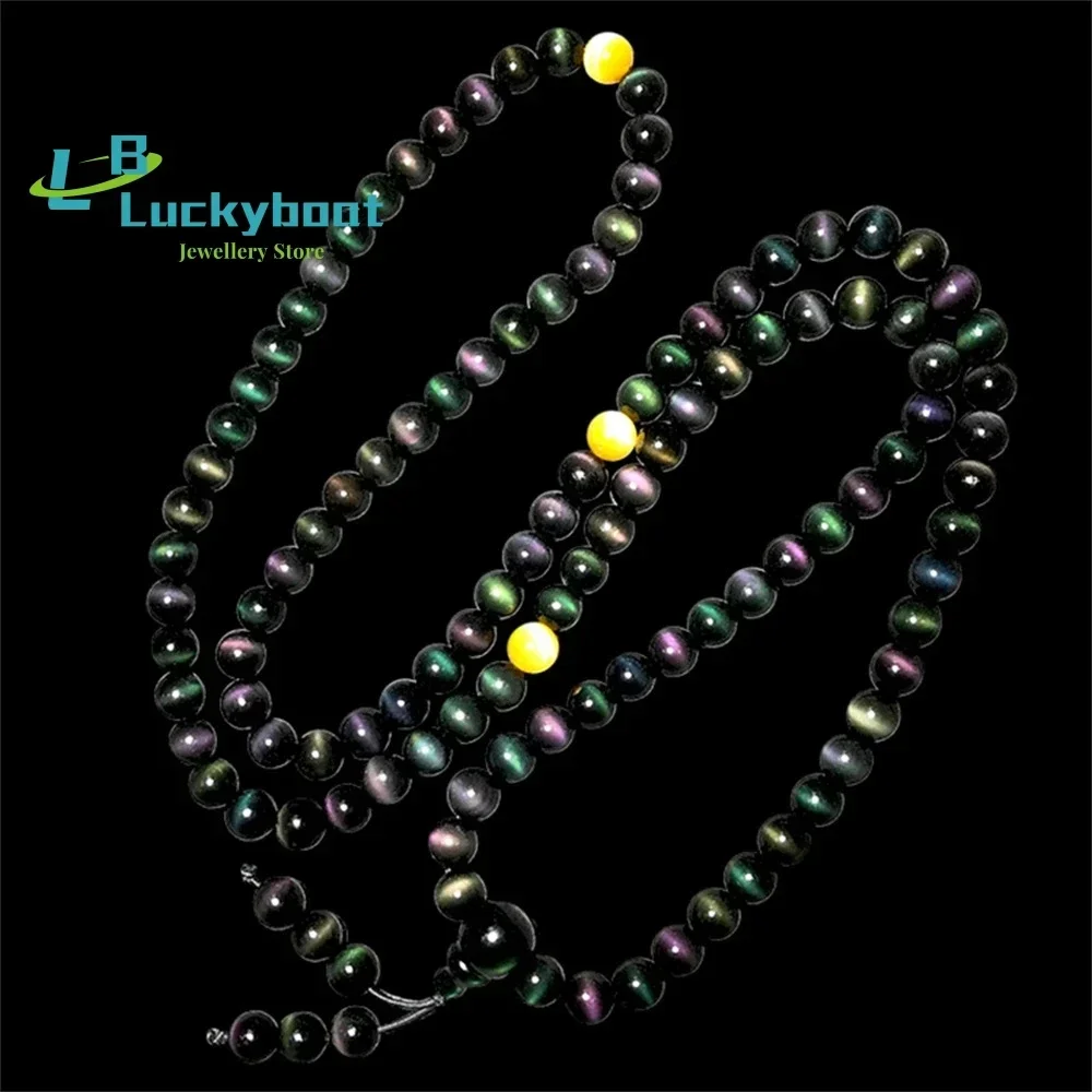 Obsidian Color Cat's Eye 108 Buddha Beads For Men And Women Multi-circle Rainbow Eye Obsidian  Bracelet Rosary