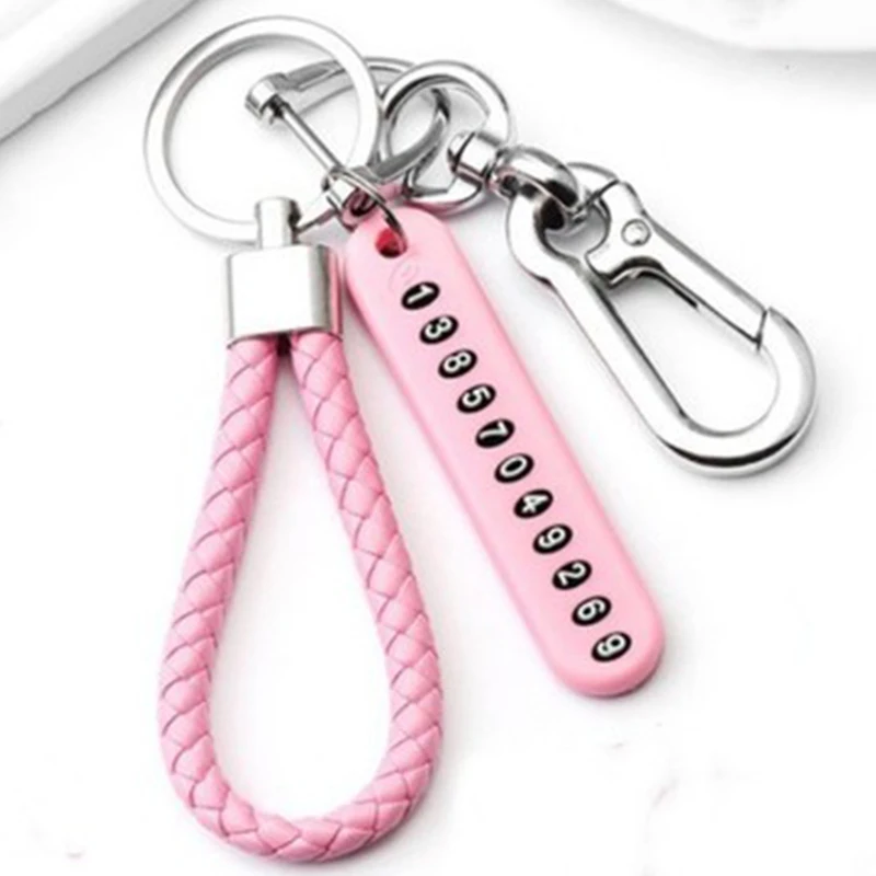 Unisex Leather Bradied Rope Car Anti-lost Keychains Phone Number Card Keyring Auto Vehicle key Holder Accessories