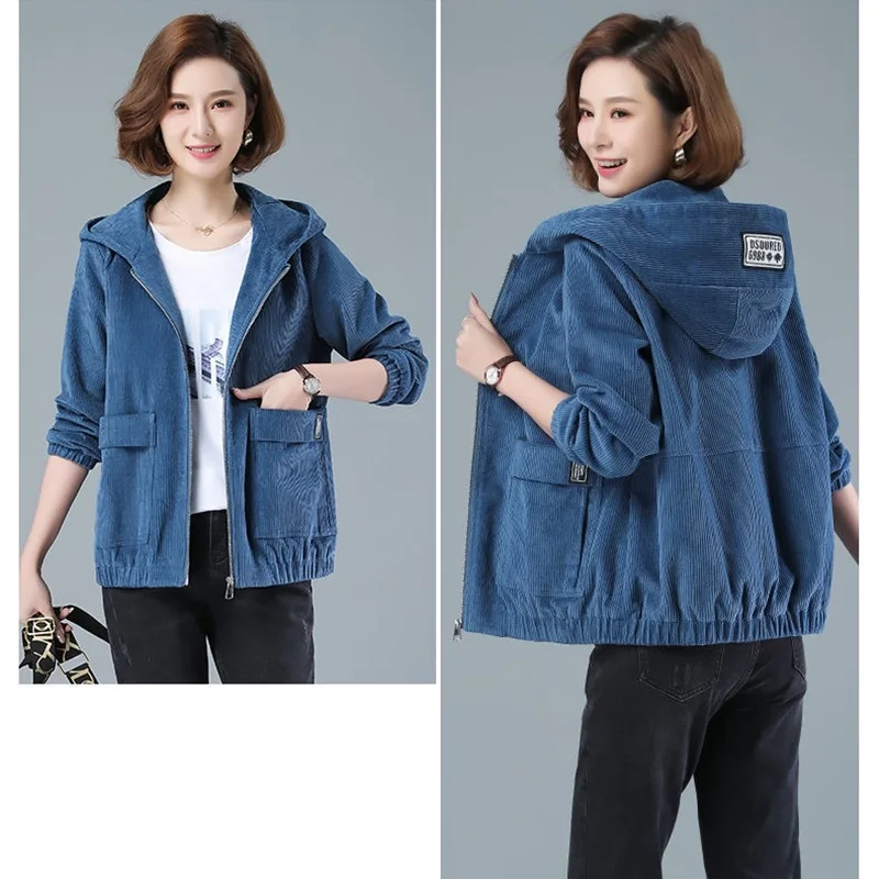 Corduroy Short Coat Women's 2024 Spring Autumn New Korean Loose Solid Hooded Jacket Fashion Casual Female Zipper Coat Tops