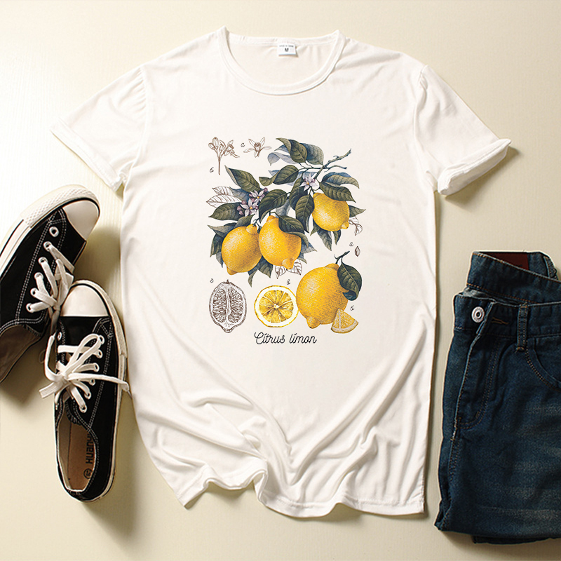 Lemons Fruits Letter Print T-Shirts Sweet Short Sleeve O-Neck All-Match Premium Crop Tops Casual Streetwear Commute Slim Tees