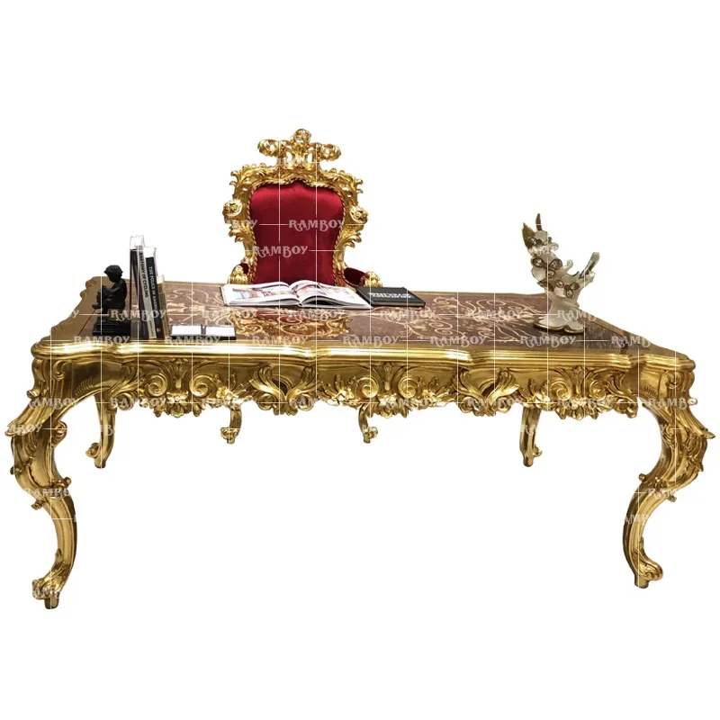 

Italian solid wood carved computer desk French luxury gold foil desk home office study furniture