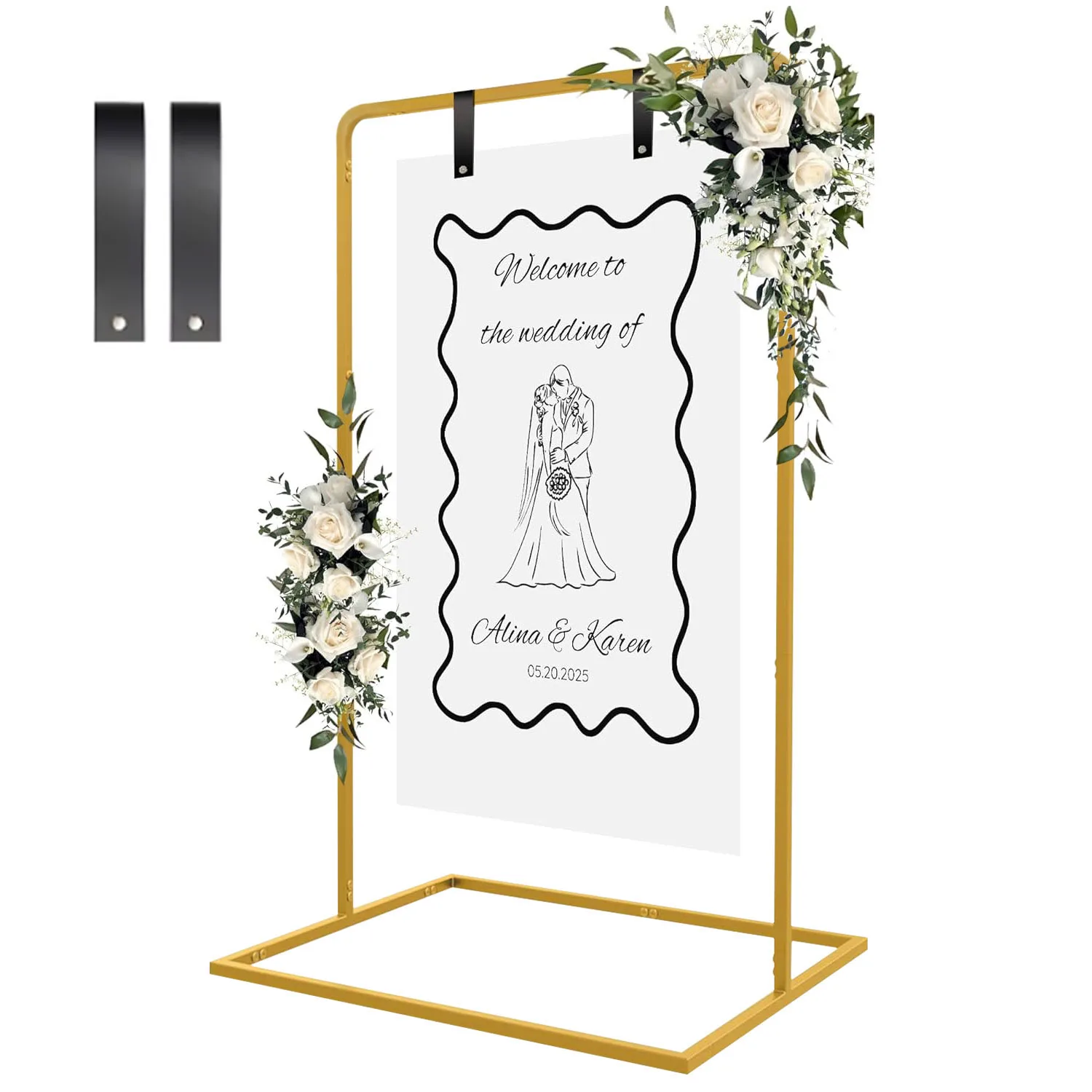 

Adjustable Wedding Welcome Sign Stand with 2 Pair Hanging Straps Metal Gold Welcome to Our Wedding Sign Stand Easel for Display