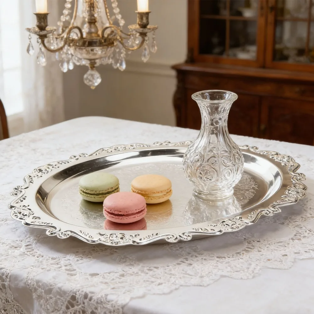 Solid Metal Mini Tray Raised Anti-drop Polished Serving Dish Retro Embossed Carved Scalloped Decorative Platter